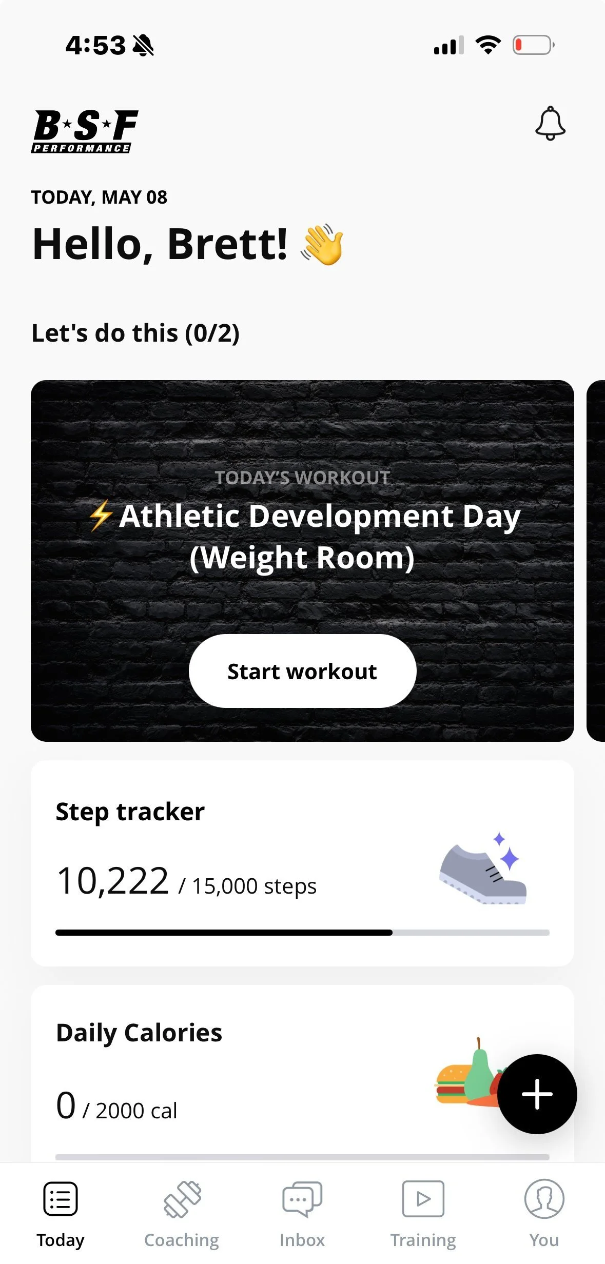BSF Performance App daily training schedule view